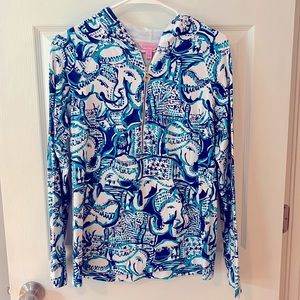 Lilly Pulitzer cotton quarter zip with hood, blue and teal print, size M